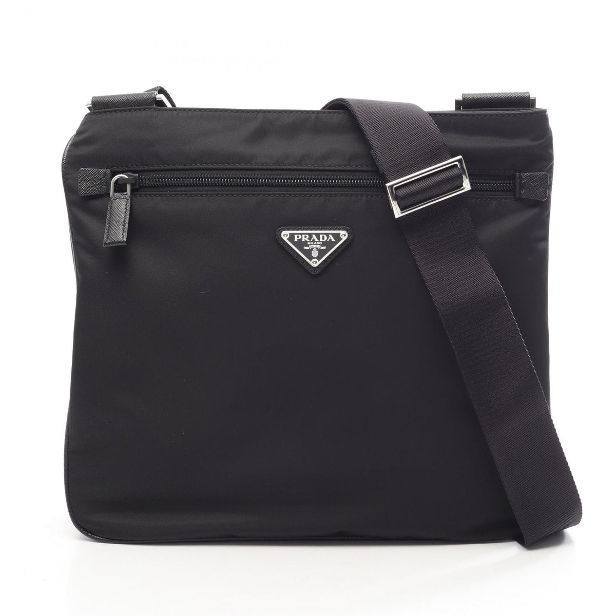 Prada Shoulder Bag Triangle Logo Black Nylon Saffiano Leather