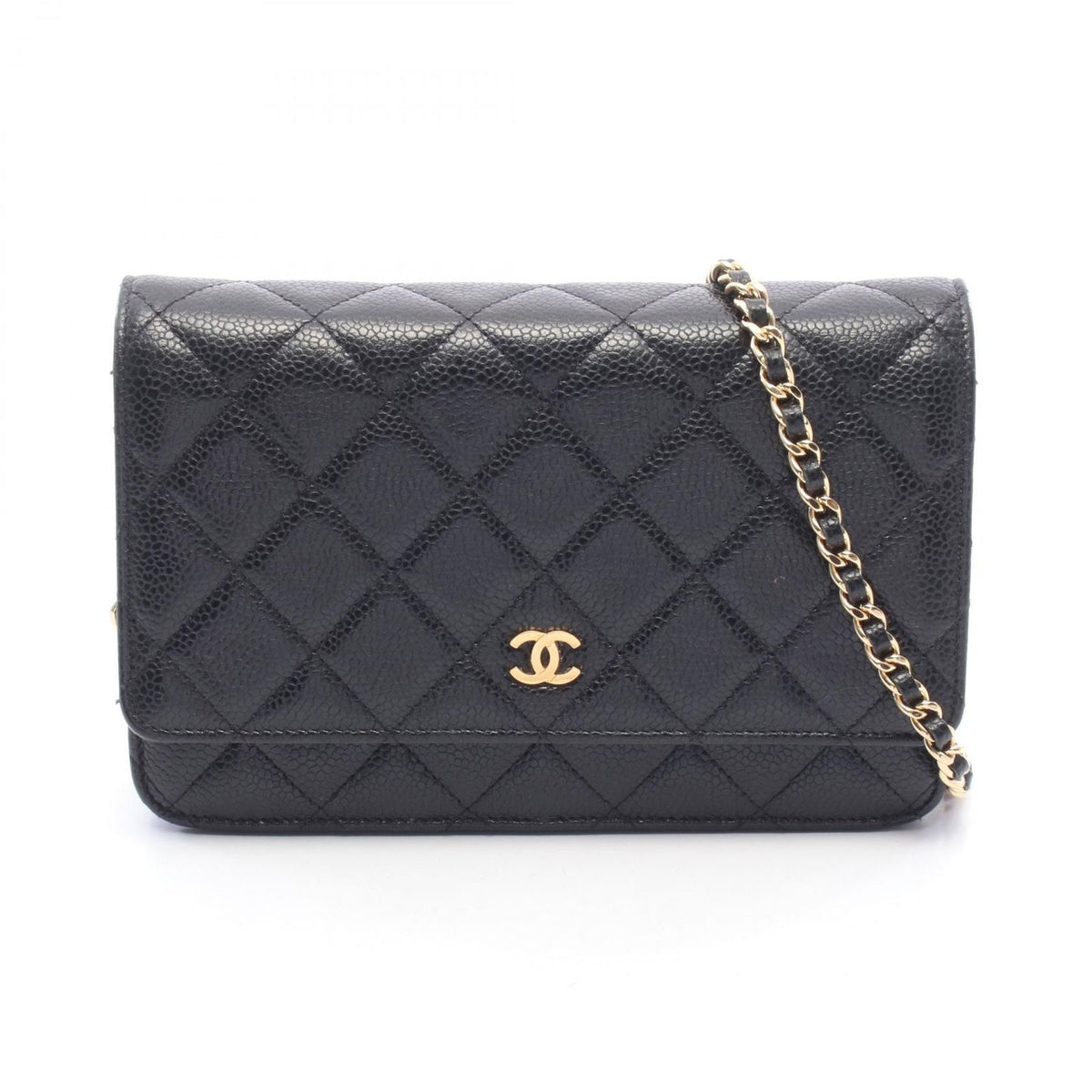 Chanel Shoulder Bag Quilted Black Caviar Leather Chain Wallet