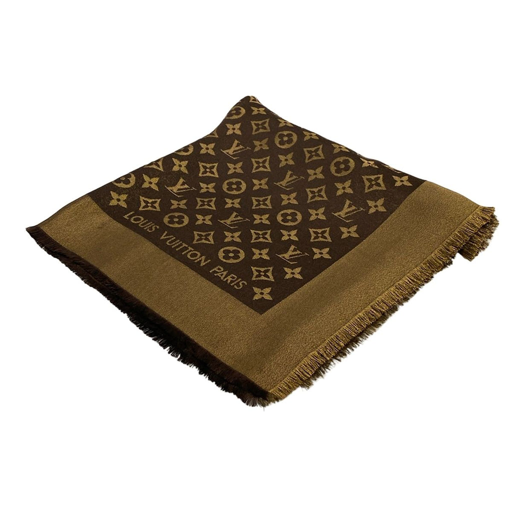 Louis Vuitton Shawl Dark Brown Gold Wool Silk Scarf