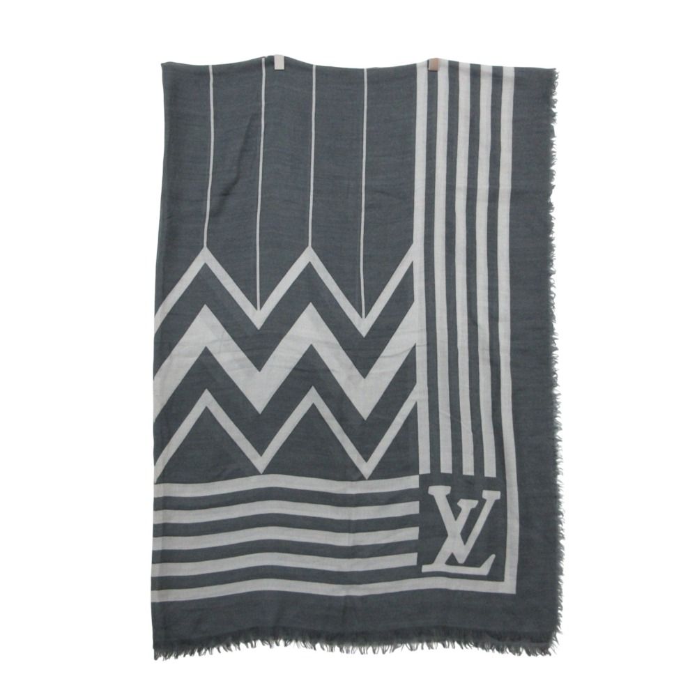 Louis Vuitton Shawl Wool Cotton Logo Large Lightweight Geometric Pattern Gray — view 3
