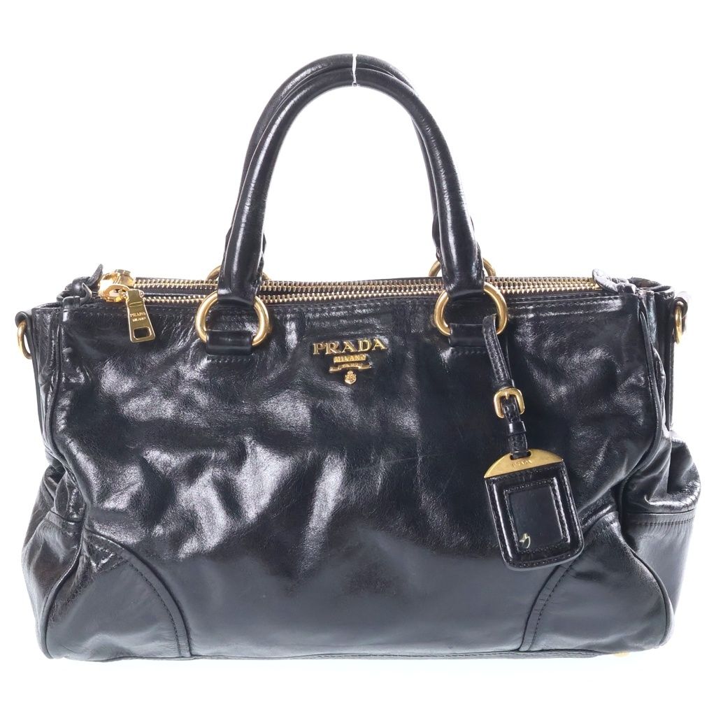 Prada Vitello Shine Handbag 2-Way Shoulder Leather Black