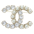 Chanel CC Logo Brooch Pin Badge Gold White Rhinestone Faux Pearl