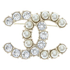 Chanel CC Logo Brooch Pin Badge Gold White Rhinestone Faux Pearl