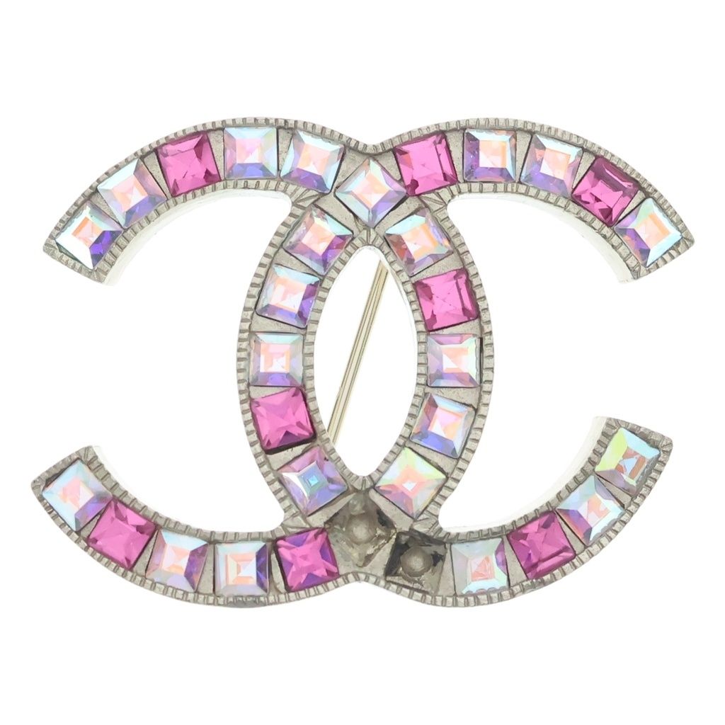 Chanel CC Logo Brooch Pin Badge Rhinestone Pink Gold 05P