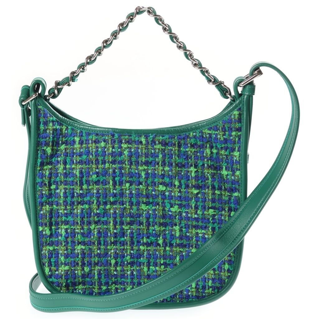 Chanel Quilted Hobo Shoulder Bag Tweed Leather Green Blue Silver — view 2