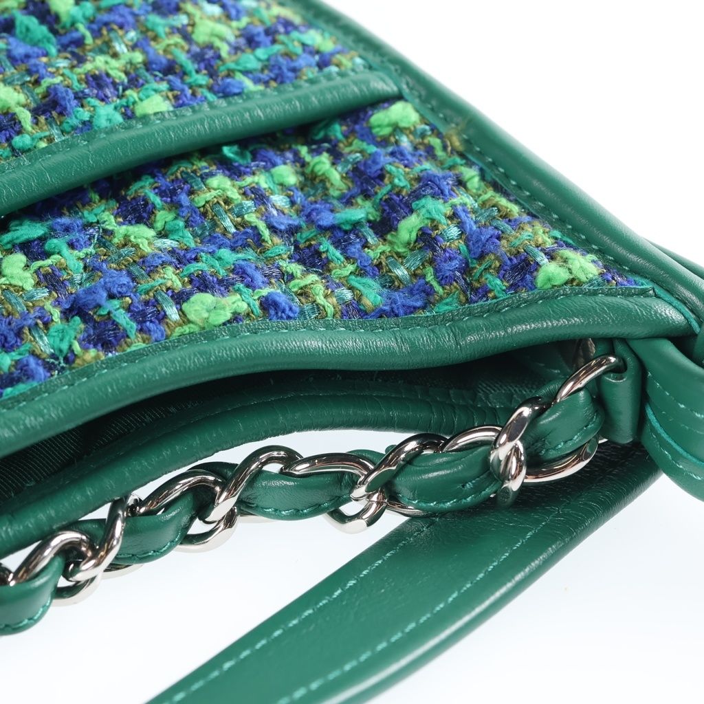 Chanel Quilted Hobo Shoulder Bag Tweed Leather Green Blue Silver — view 7