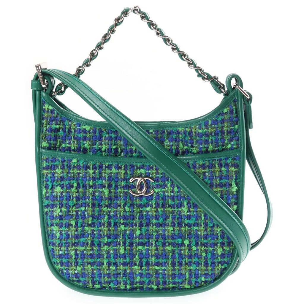 Chanel Quilted Hobo Shoulder Bag Tweed Leather Green Blue Silver