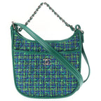Chanel Quilted Hobo Shoulder Bag Tweed Leather Green Blue Silver