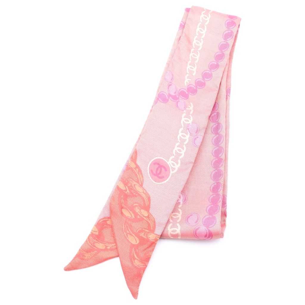 Chanel CC Logo Pearl Motif Silk Twilly Scarf Pink