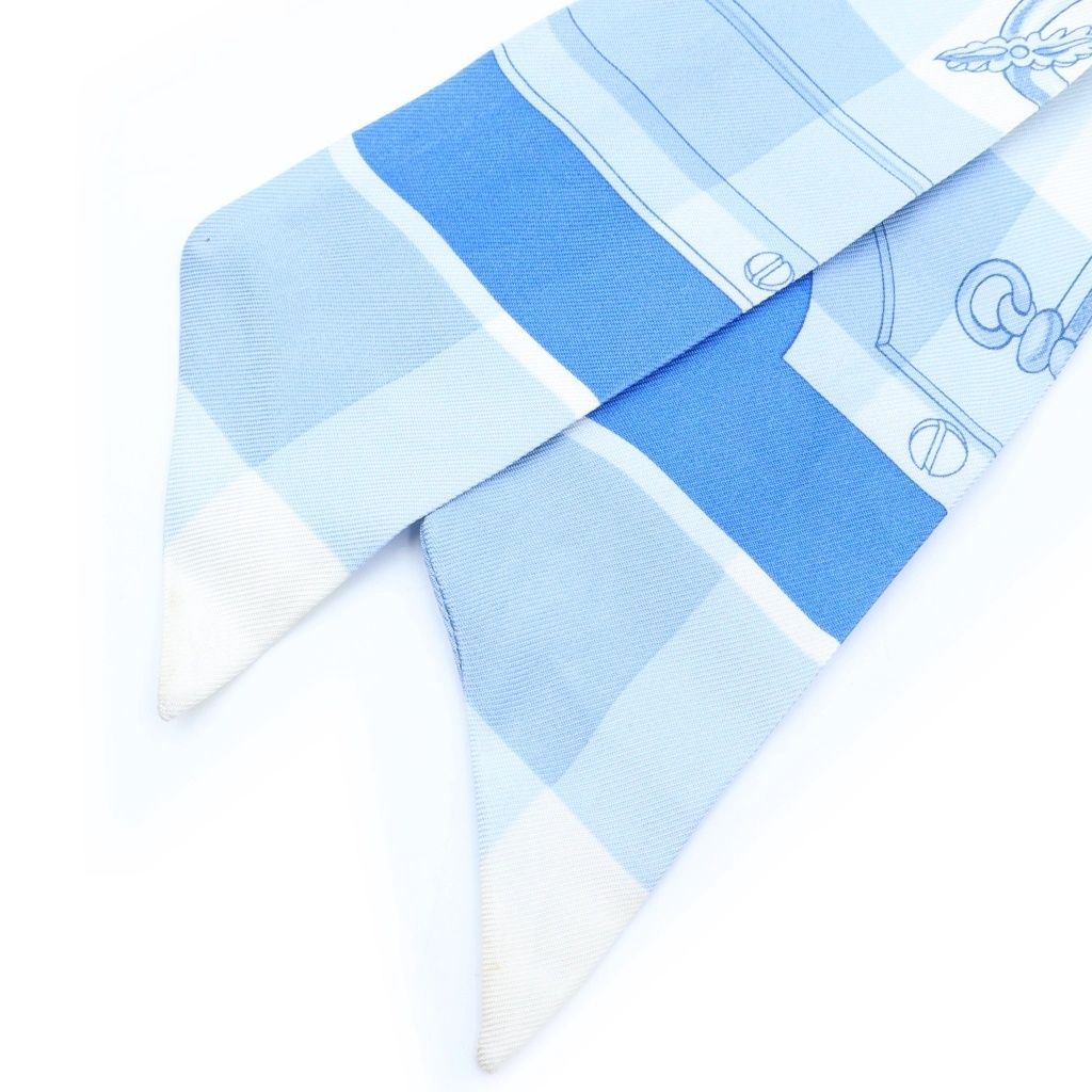 Hermes Mors Et Gourmettes Vichy Twilly Harness Pattern Blue Scarf — view 4