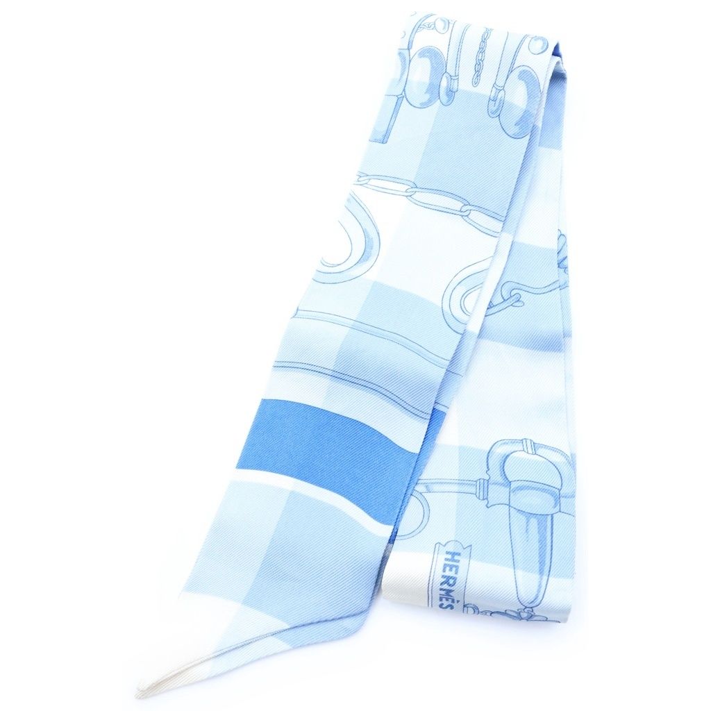 Hermes Mors Et Gourmettes Vichy Twilly Harness Pattern Blue Scarf
