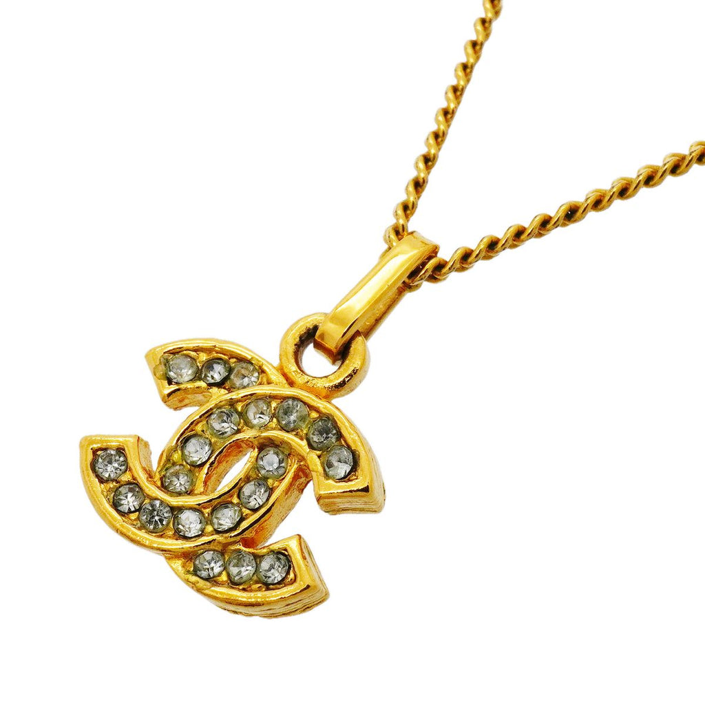 Chanel Necklace Vintage CC Logo Gold Plated Rhinestone