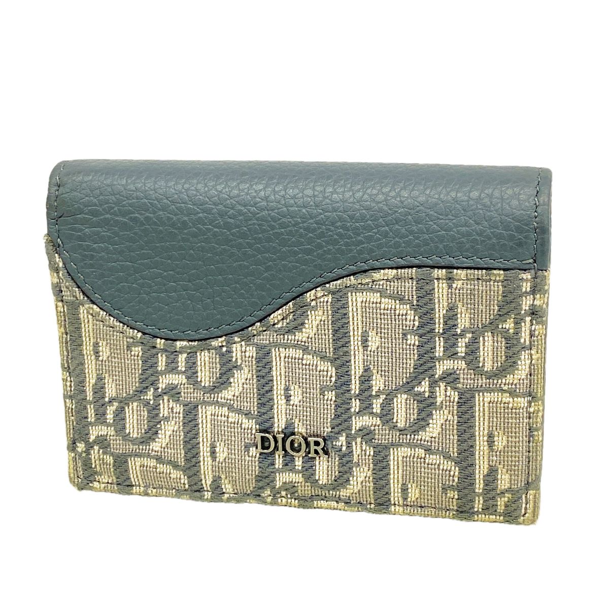 Dior Card Case Oblique Saddle Canvas Leather Gray Silver