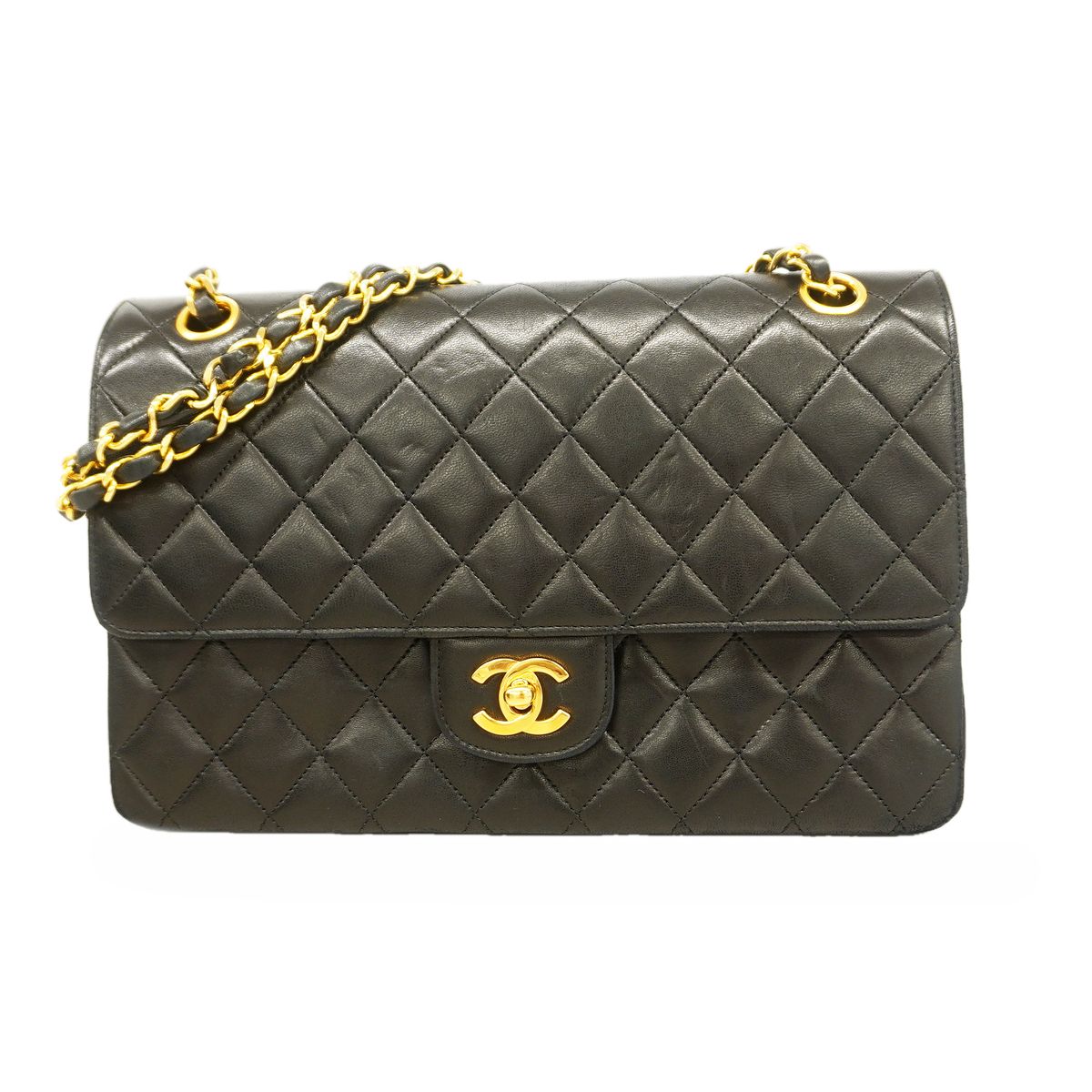 Chanel Shoulder Bag Quilted Lambskin Black Gold