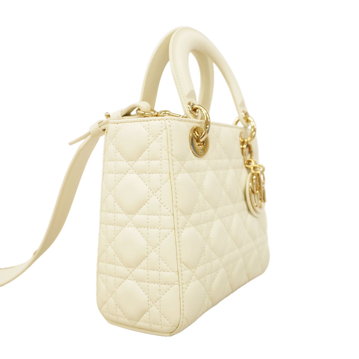 Dior Handbag Cannage Lady Leather White Champagne Gold 2-Way Bag — view 2