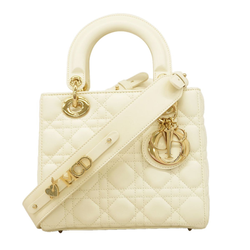 Dior Handbag Cannage Lady Leather White Champagne Gold 2-Way Bag