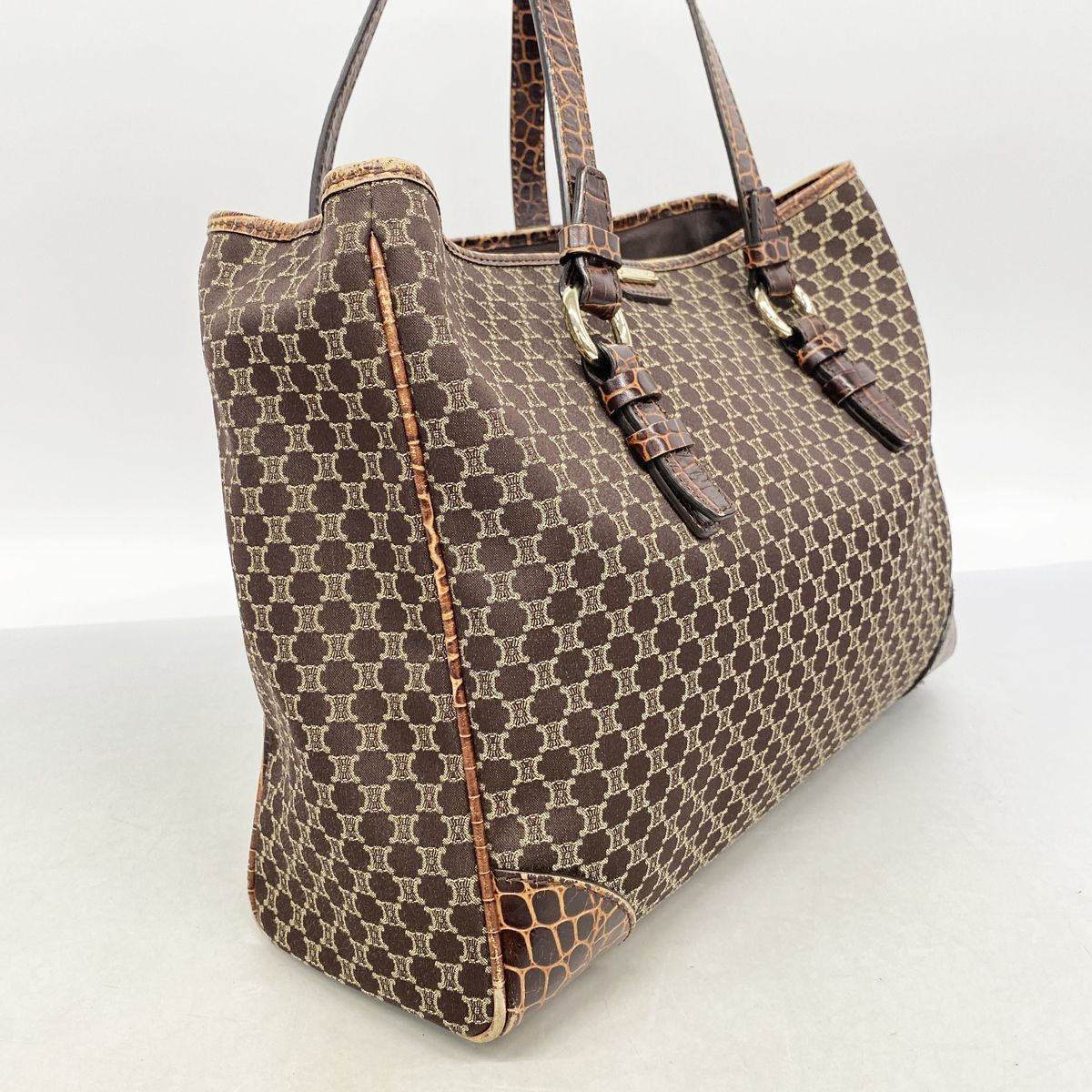 Celine Tote Bag Macadam Nylon Canvas Brown Champagne Gold — view 2