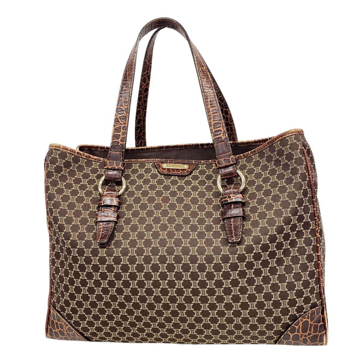 Celine Tote Bag Macadam Nylon Canvas Brown Champagne Gold