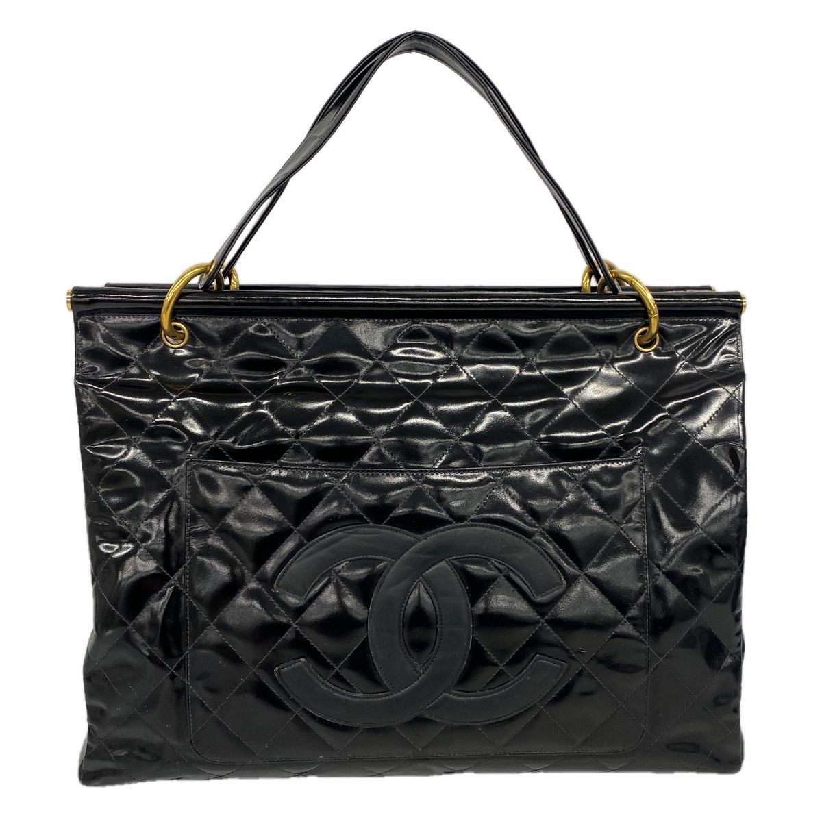Chanel Tote Bag Quilted Patent Leather Black Gold