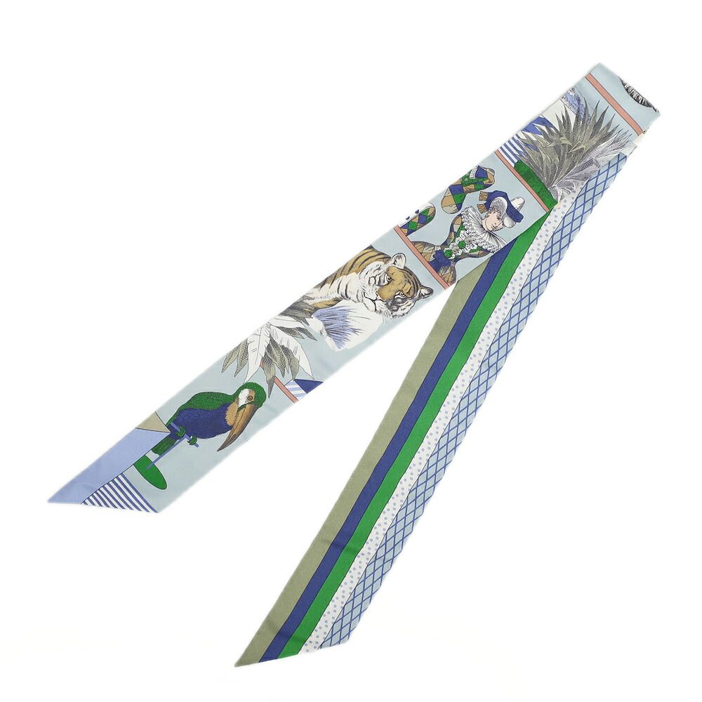 Hermes Twilly Grand Thetre Nouveau Scarf Silk Blue Green White — view 2