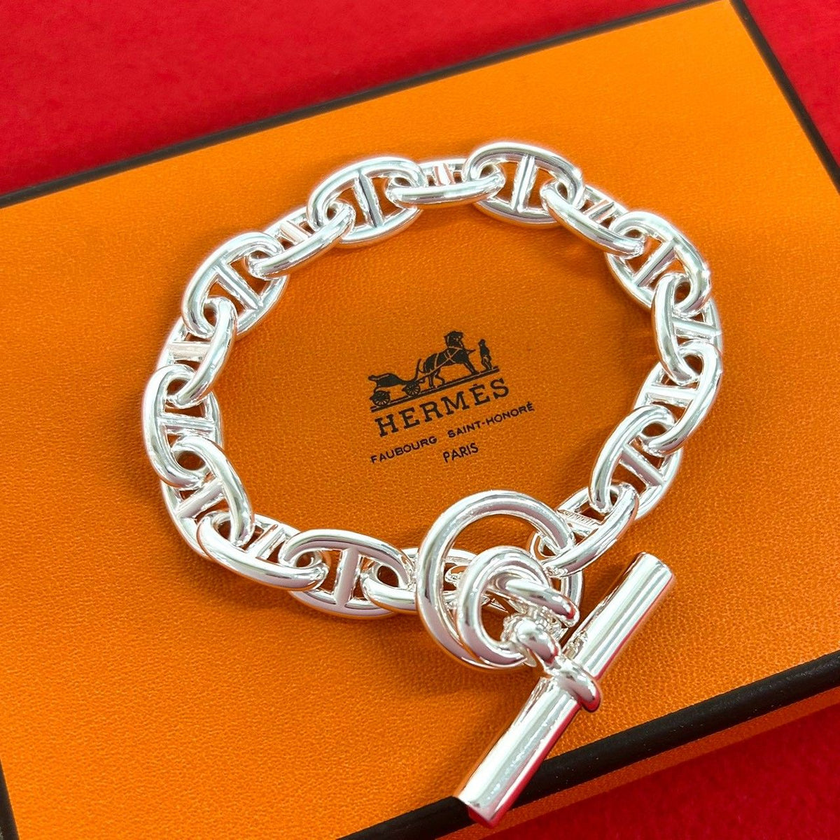 Hermes Chaine D'ancre MM 18 Links Bracelet 925 Sterling Silver Chain Bangle