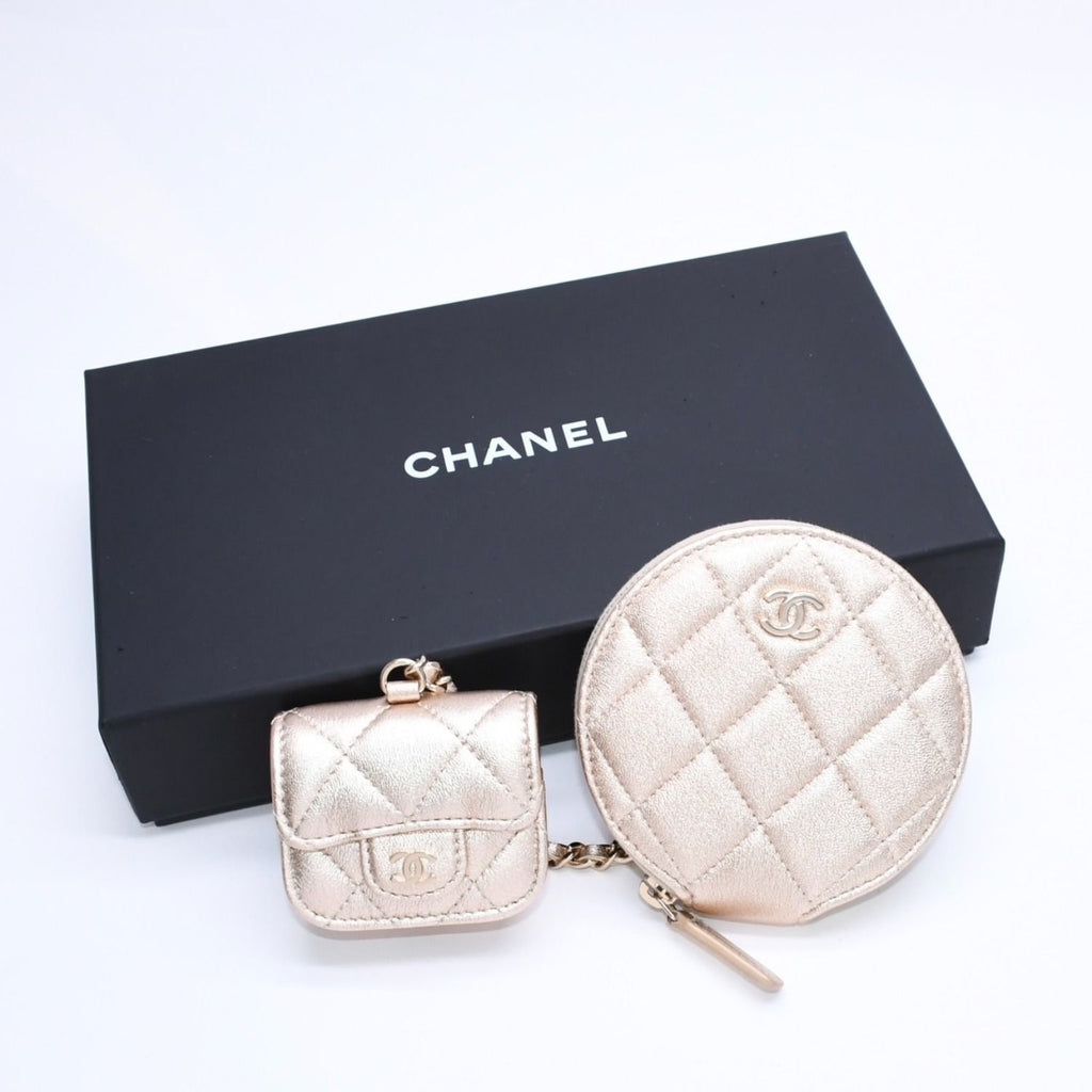 Chanel Quilted Airpods Case Coin Purse CC Logo Leather Champagne Gold