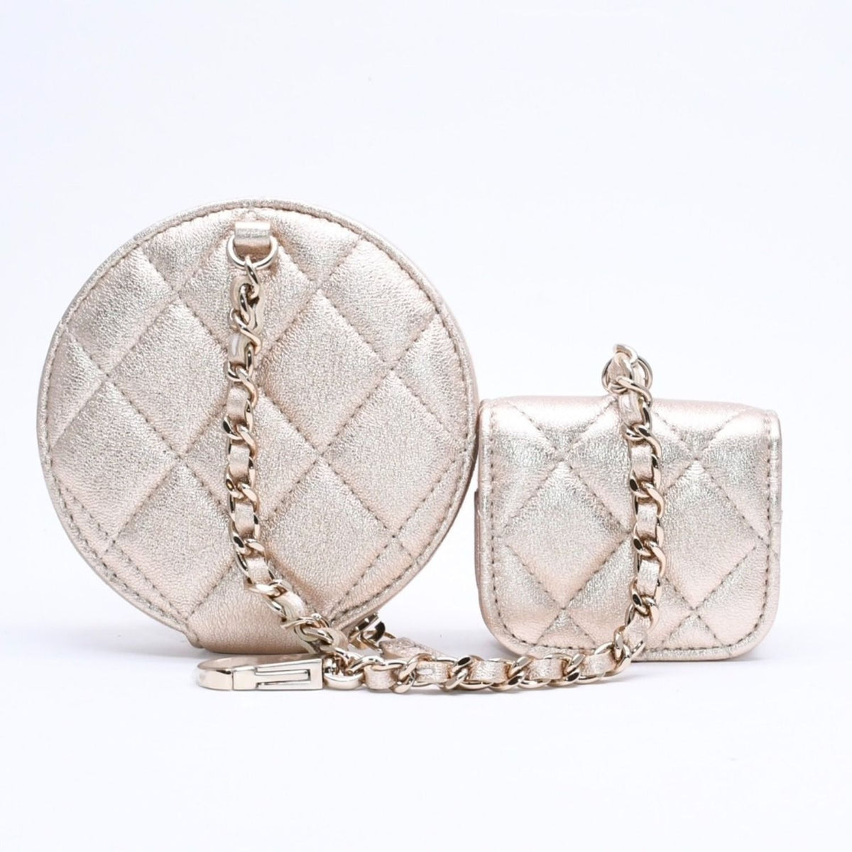 Chanel Quilted Airpods Case Coin Purse CC Logo Leather Champagne Gold — view 3