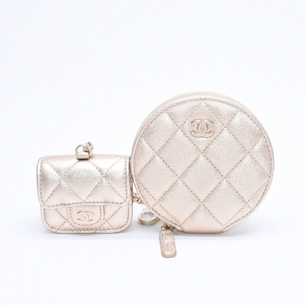 Chanel Quilted Airpods Case Coin Purse CC Logo Leather Champagne Gold — view 2