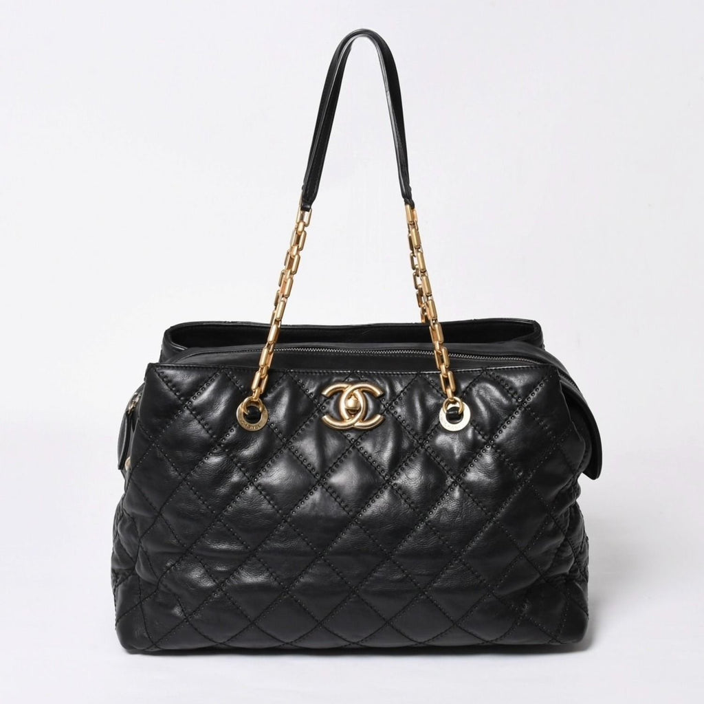 Chanel Chain Tote Bag CC Logo Quilted Leather Black Gold