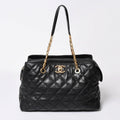 Chanel Chain Tote Bag CC Logo Quilted Leather Black Gold