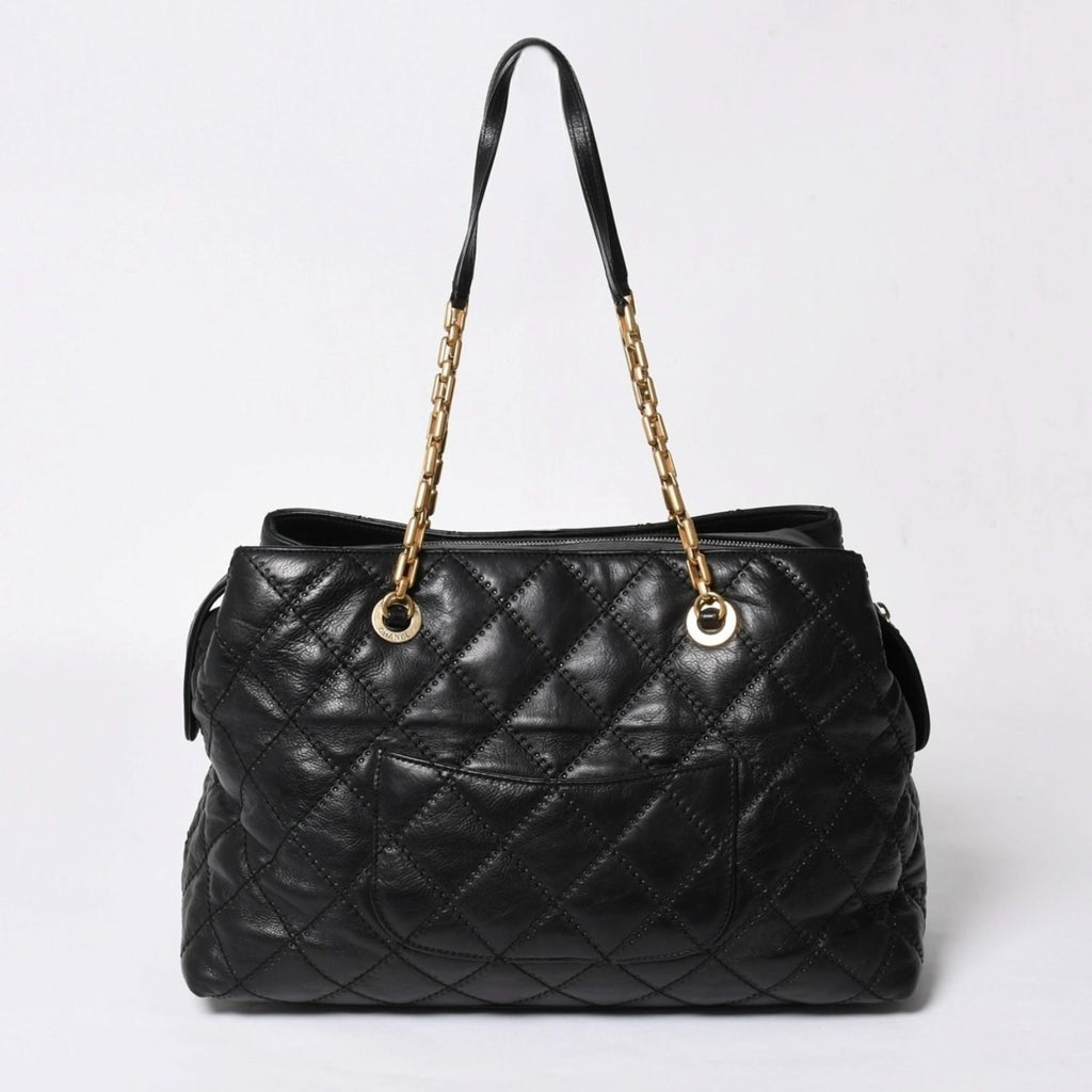 Chanel Chain Tote Bag CC Logo Quilted Leather Black Gold — view 2