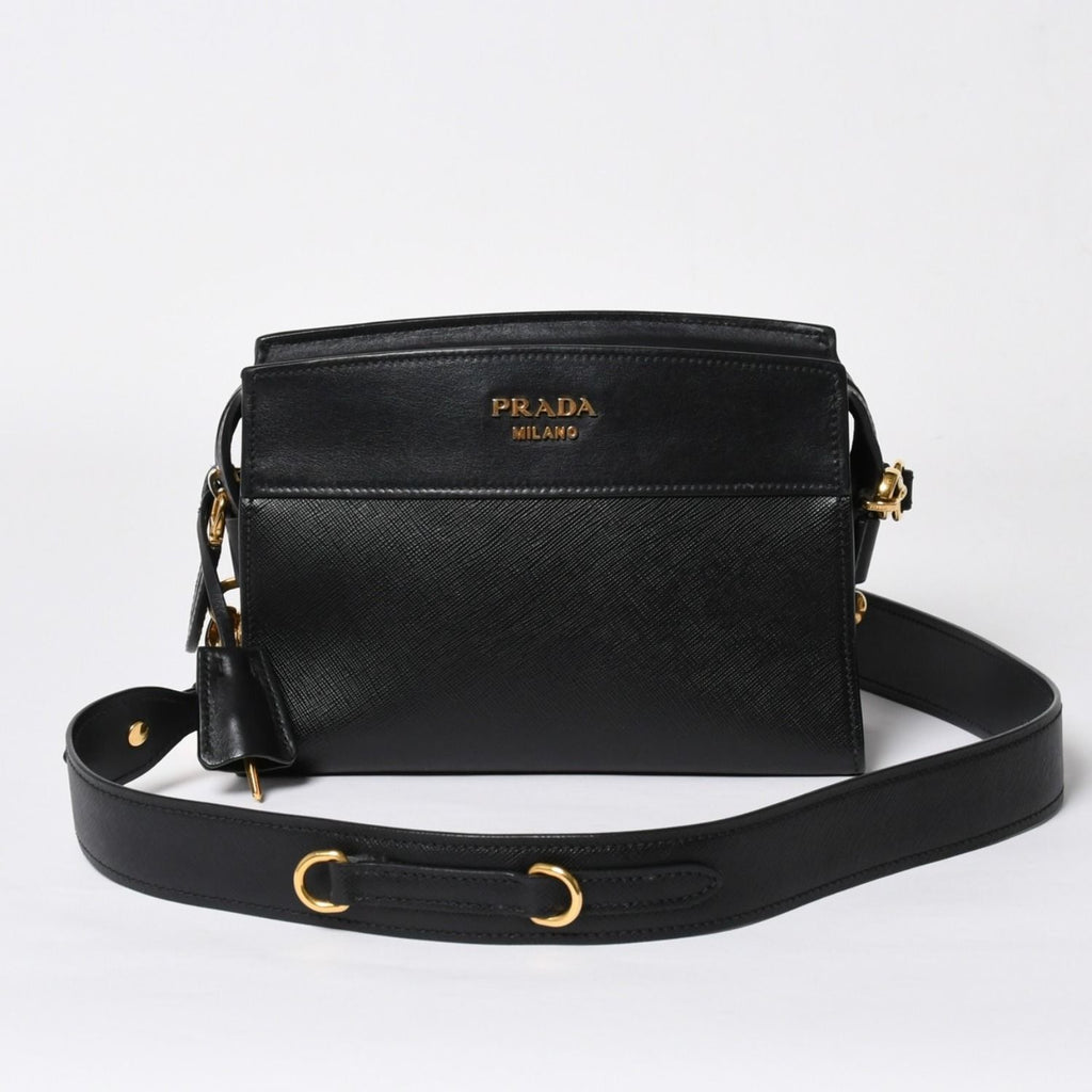 Prada Saffiano Shoulder Bag Black Gold Leather