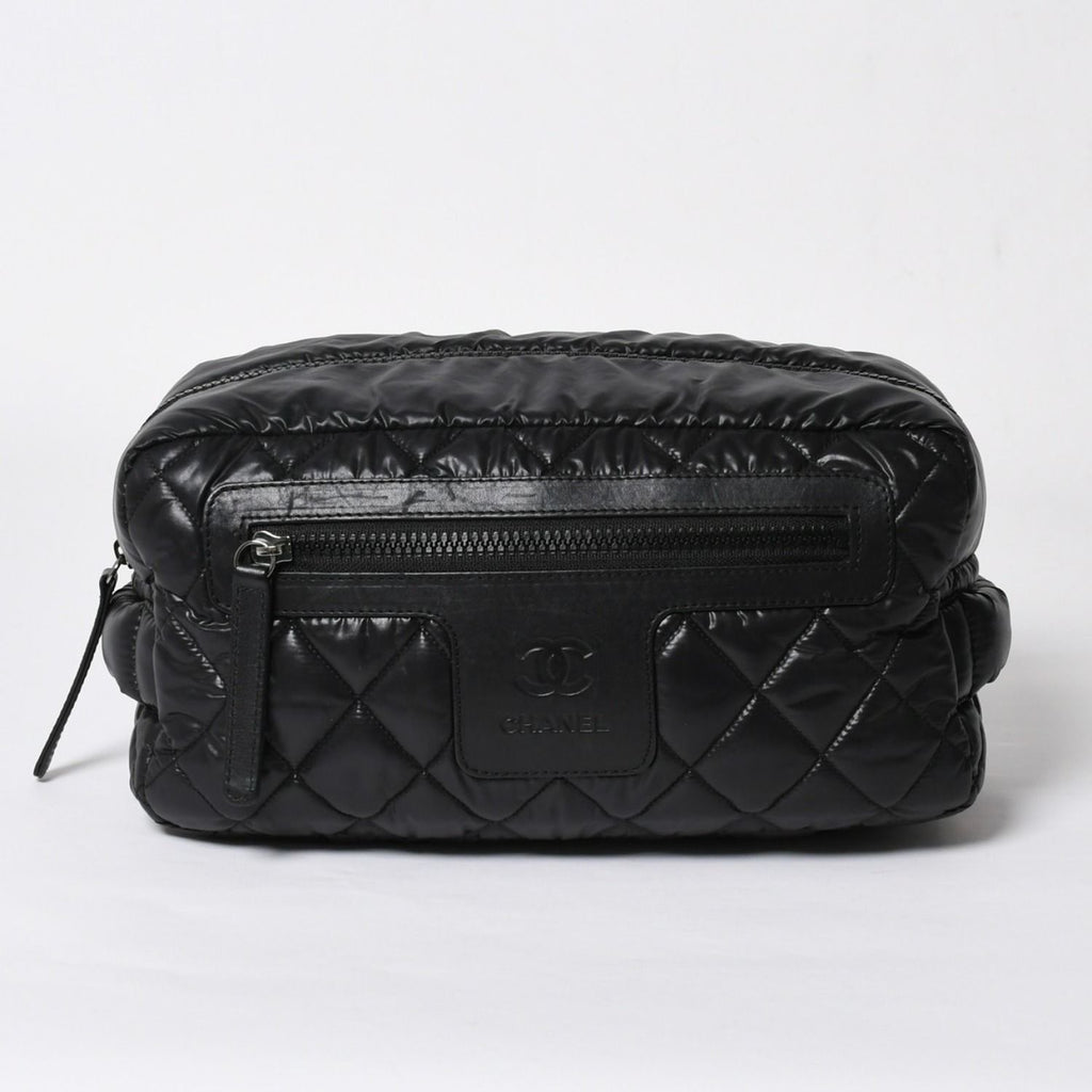 Chanel Coco Cocoon Clutch Black Nylon Calfskin Makeup Pouch Silver