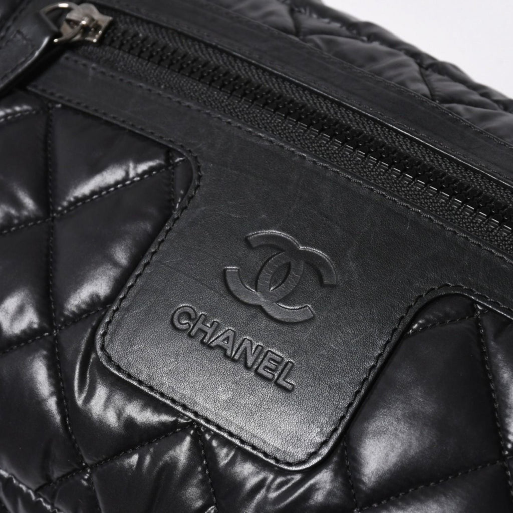 Chanel Coco Cocoon Clutch Black Nylon Calfskin Makeup Pouch Silver — view 5