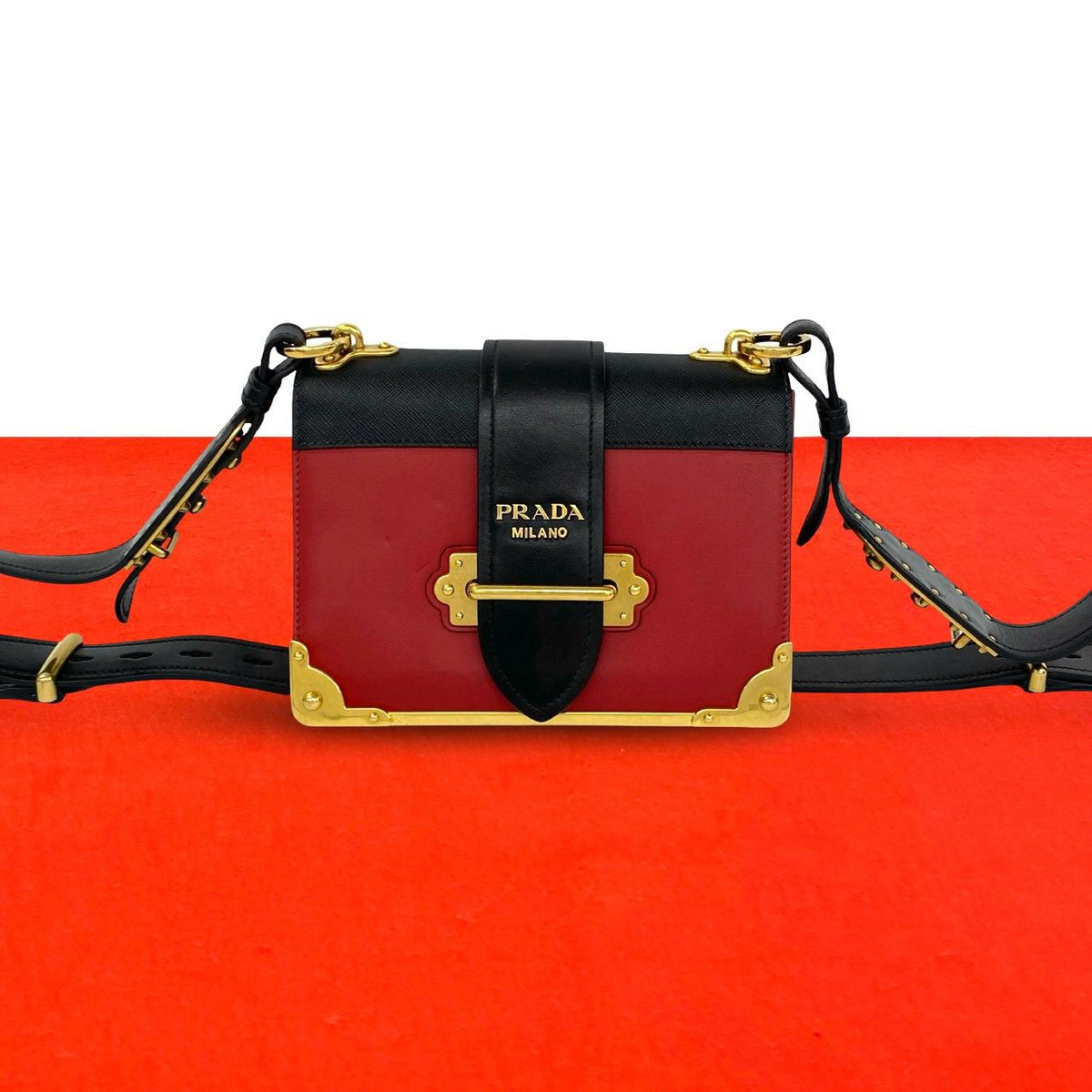 Prada Cahier Logo Leather Mini Shoulder Bag Pochette Red Black Gold