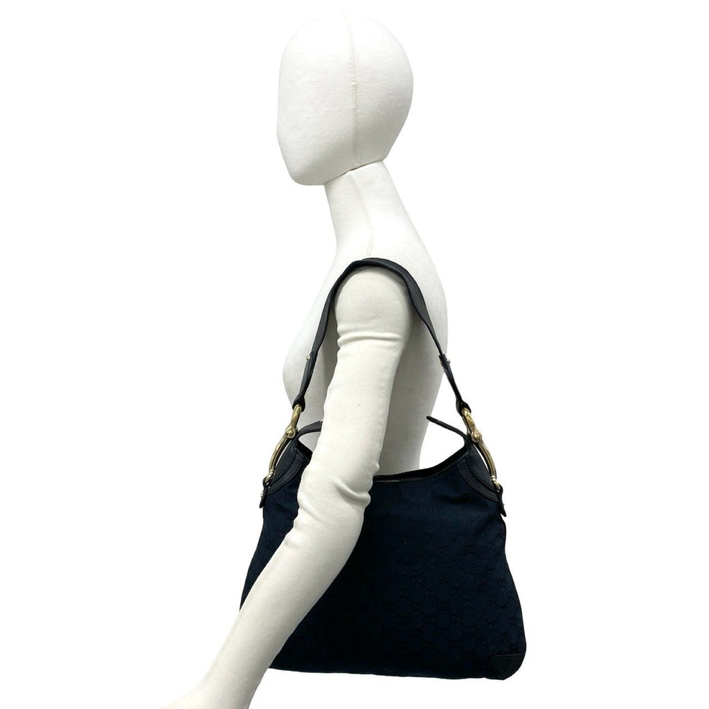 Gucci Horsebit GG Logo Pattern Canvas Leather Shoulder Bag Tote Black — view 2