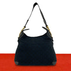 Gucci Horsebit GG Logo Pattern Canvas Leather Shoulder Bag Tote Black
