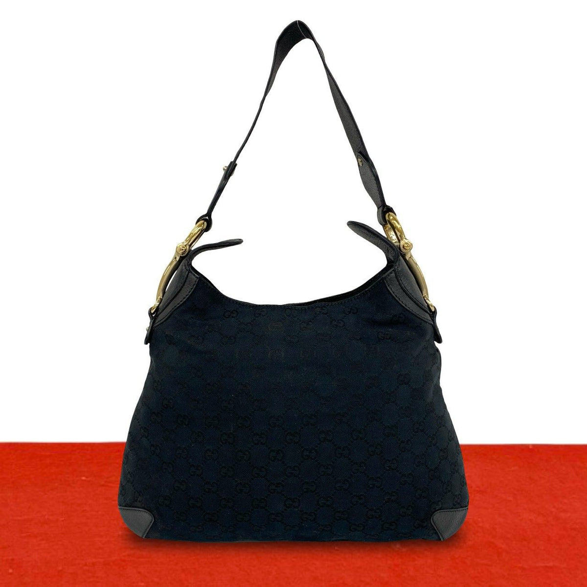 Gucci Horsebit GG Logo Pattern Canvas Leather Shoulder Bag Tote Black