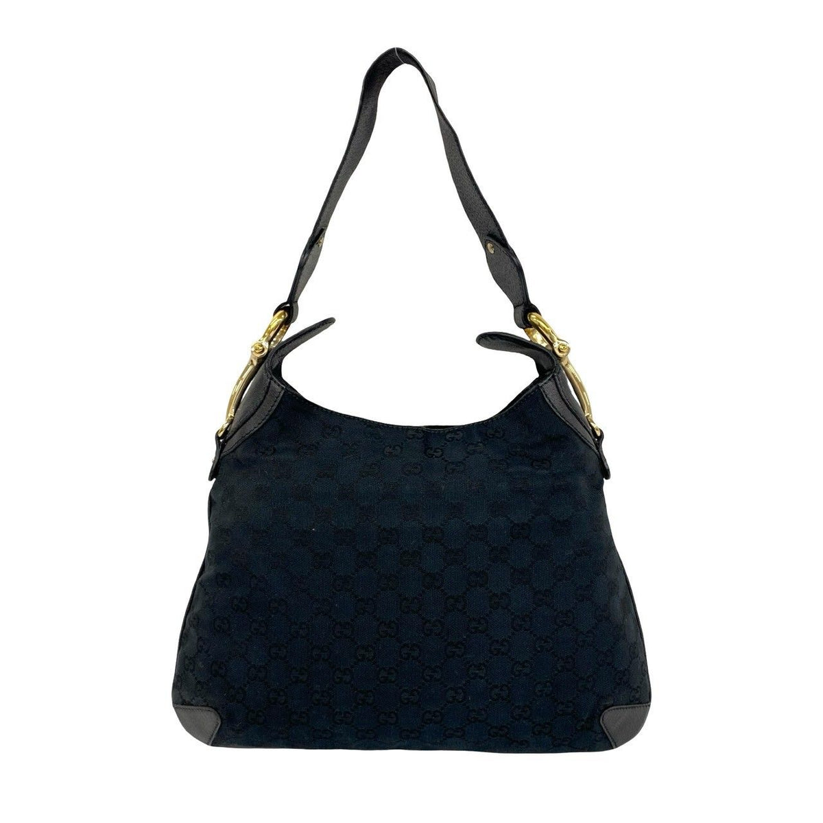 Gucci Horsebit GG Logo Pattern Canvas Leather Shoulder Bag Tote Black — view 3