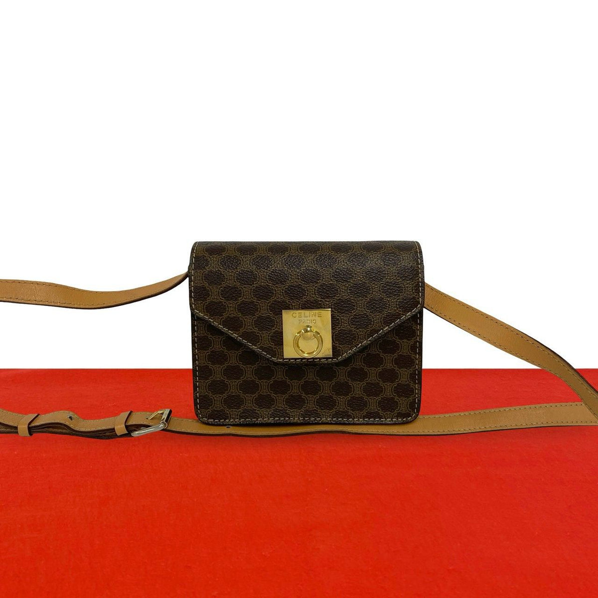 Celine Vintage Macadam Blason Pattern Ring Leather Mini Shoulder Bag Pochette