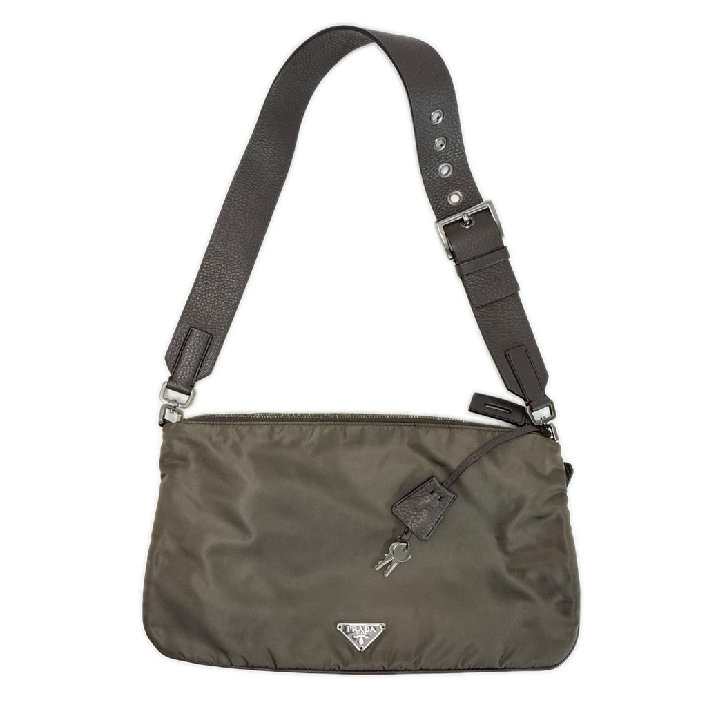 Prada Tessuto Leather Greige Padlock Key 2 Shoulder Bag