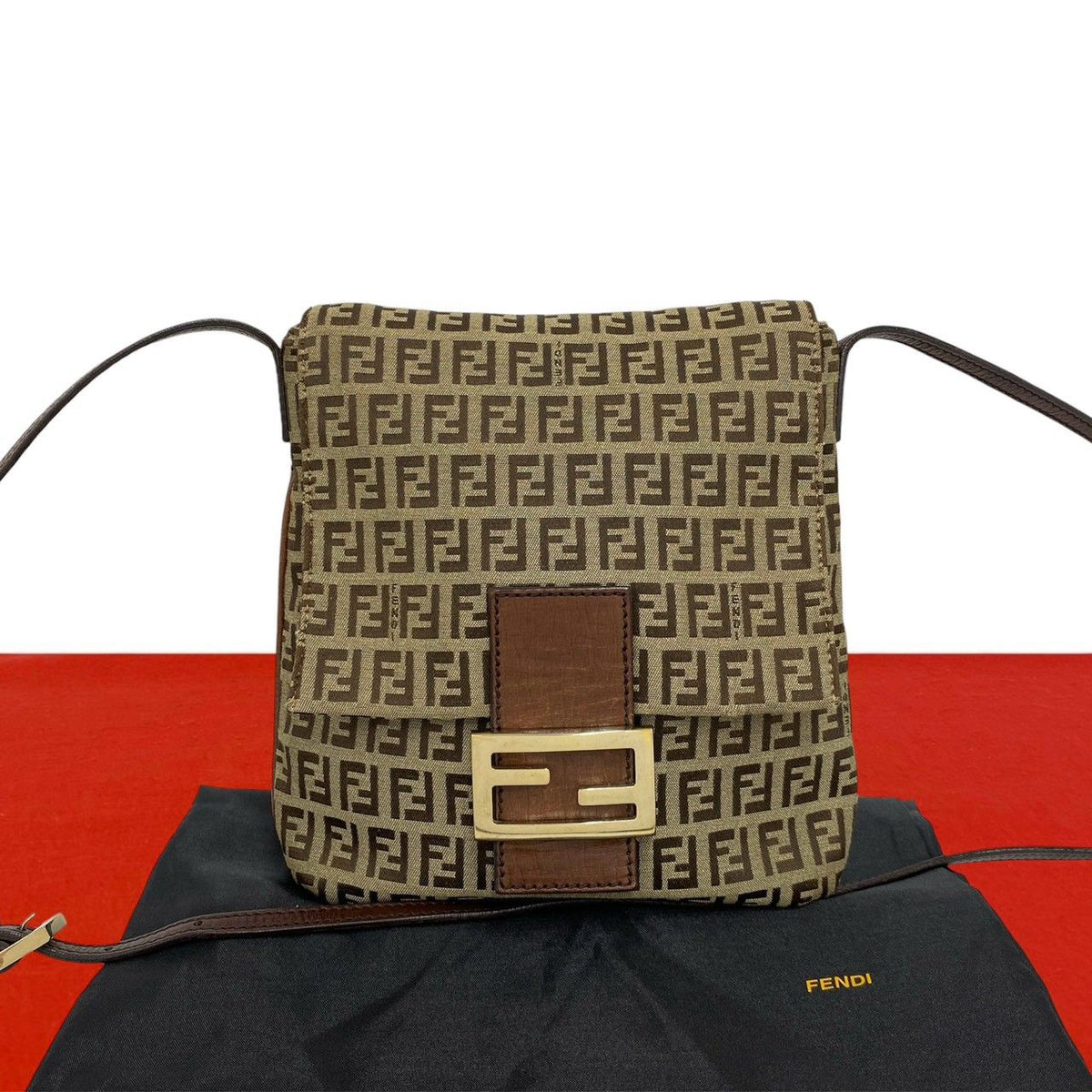 Fendi Vintage Zucchino FF Pattern Canvas Leather Shoulder Bag Crossbody Brown