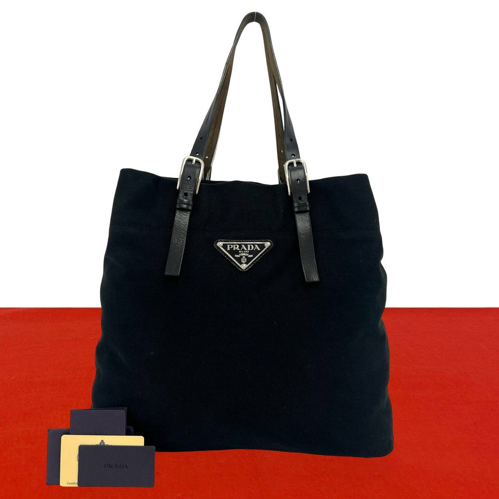 Prada Triangle Logo Canvas Leather Tote Shoulder Bag Black