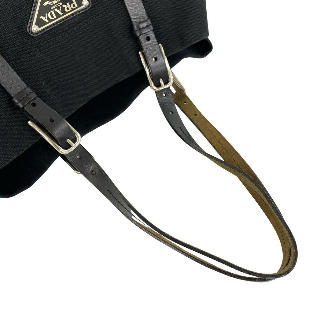 Prada Triangle Logo Canvas Leather Tote Shoulder Bag Black — view 4