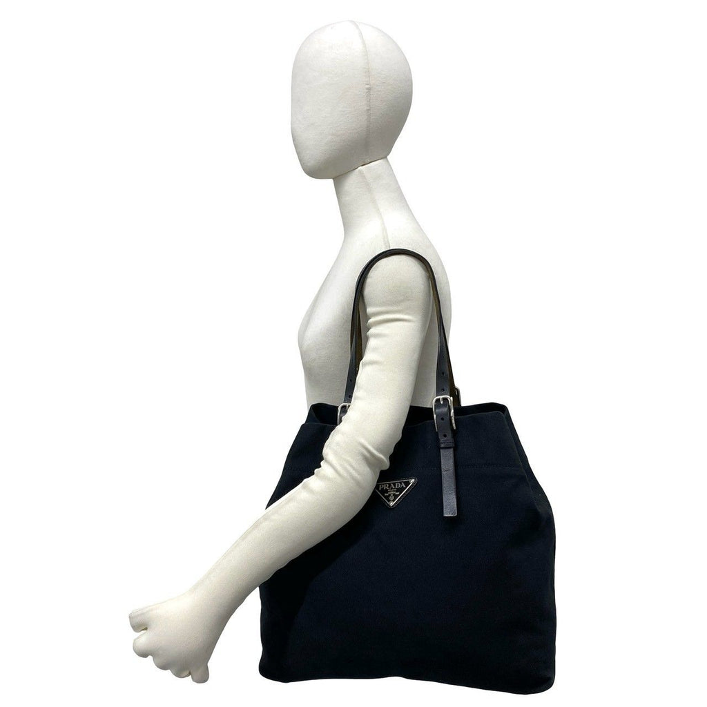 Prada Triangle Logo Canvas Leather Tote Shoulder Bag Black — view 2