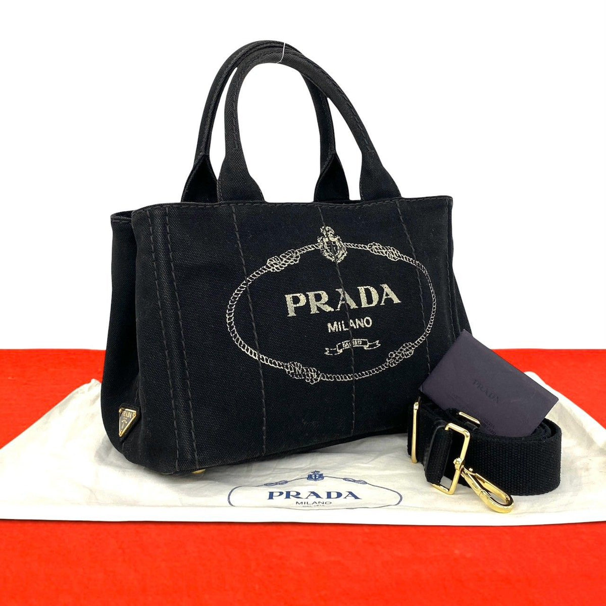 Prada Canapa Triangle Logo Canvas 2-Way Shoulder Bag Mini Tote Black