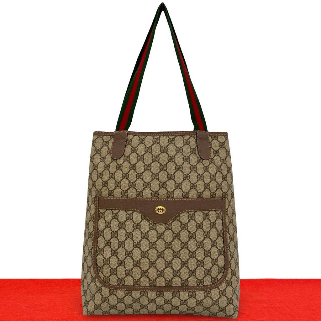 Gucci Vintage Sherry Line GG Pattern Logo Leather Tote Shoulder Bag Brown