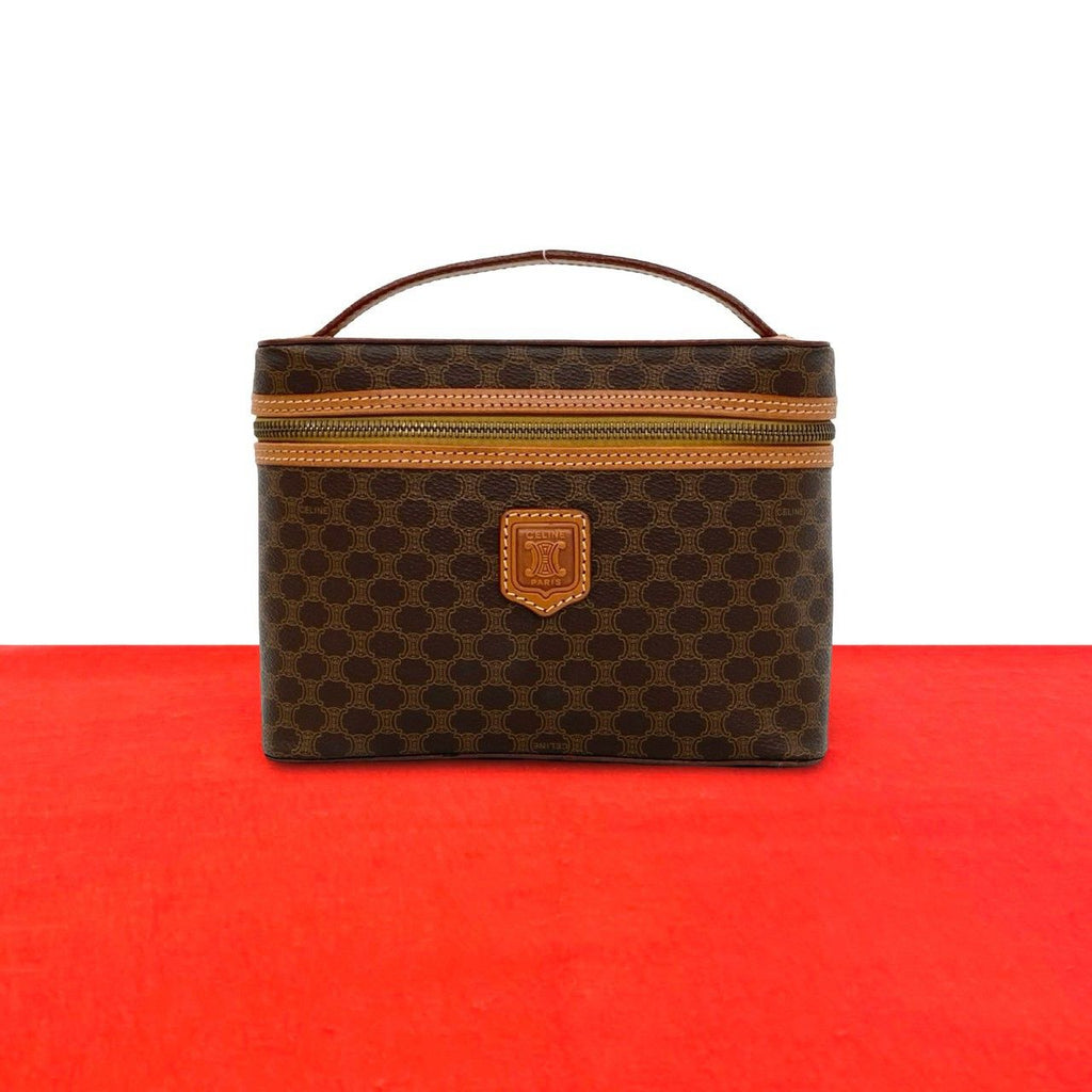 Celine Vintage Macadam Blason Pattern Triomphe Leather Handbag Vanity Bag Brown