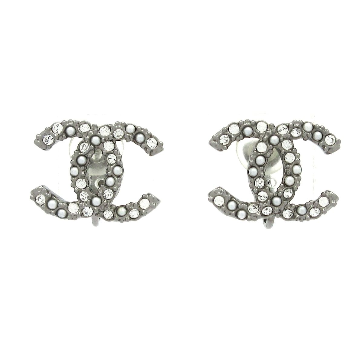 Chanel Earrings Dark Gray Silver Clear CC Logo