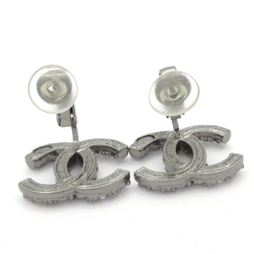 Chanel Earrings Dark Gray Silver Clear CC Logo — view 4